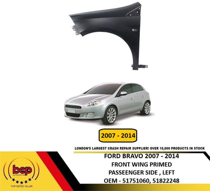 FIAT BRAVO 2007 ON FRONT WING FENDER SIDE PANEL LEFT PASSENGERS SIDE PRIMED