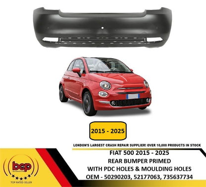 FIAT 500 2015 - 2025 REAR BUMPER PRIMED WITH PARKING SENSOR AND MOULDING HOLES