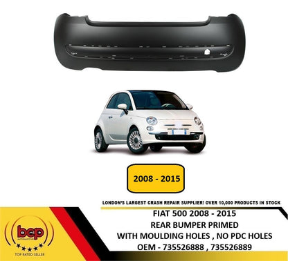 FIAT 500 2008 – 2015 REAR BUMPER PRIMED WITH LOWER MOULDING HOLES NO PDC HOLES