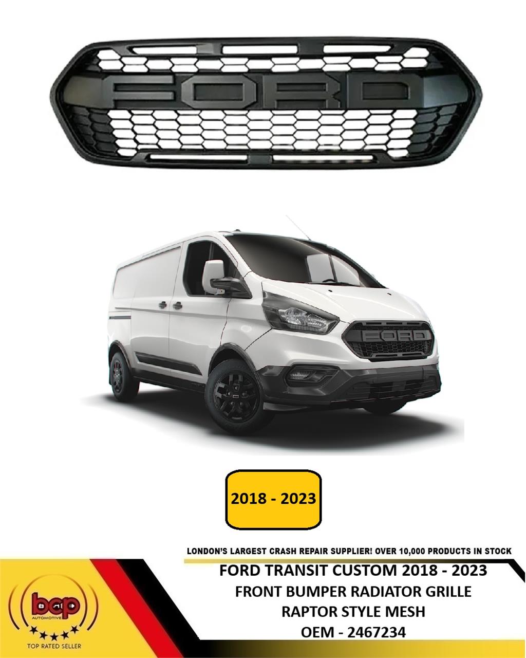 FORD TRANSIT CUSTOM 2018 - 2023 FRONT BUMPER RADIATOR GRILLE RAPTOR STYLE MESH