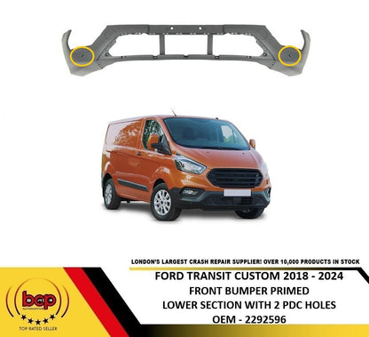 FORD TRANSIT CUSTOM 2018 – 2024 FRONT BUMPER PRIMED WITH 2 PARKING SENSOR HOLES