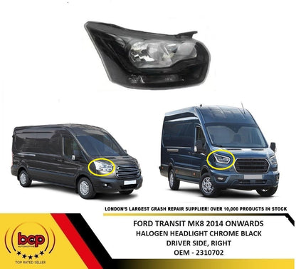 FORD TRANSIT MK8 2014 ONWARDS FRONT DRIVER SIDE HEADLIGHT HALOGEN BLACK