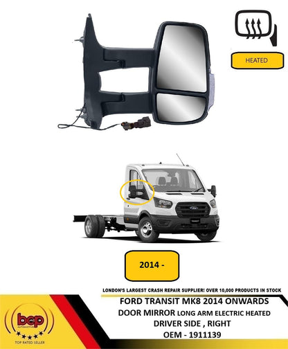 FORD TRANIST MK8 2014 ON LONG ARM DOOR WING MIRROR ELECTRIC HEATED DRIVERS RIGHT