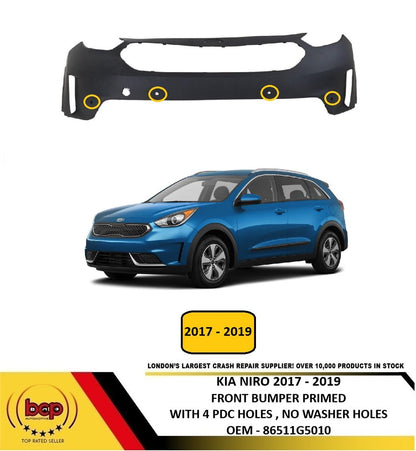 KIA NIRO 2017 – 2019 FRONT BUMPER PRIMED WITH 4 PARKING SENSORS NO WASHER HOLES