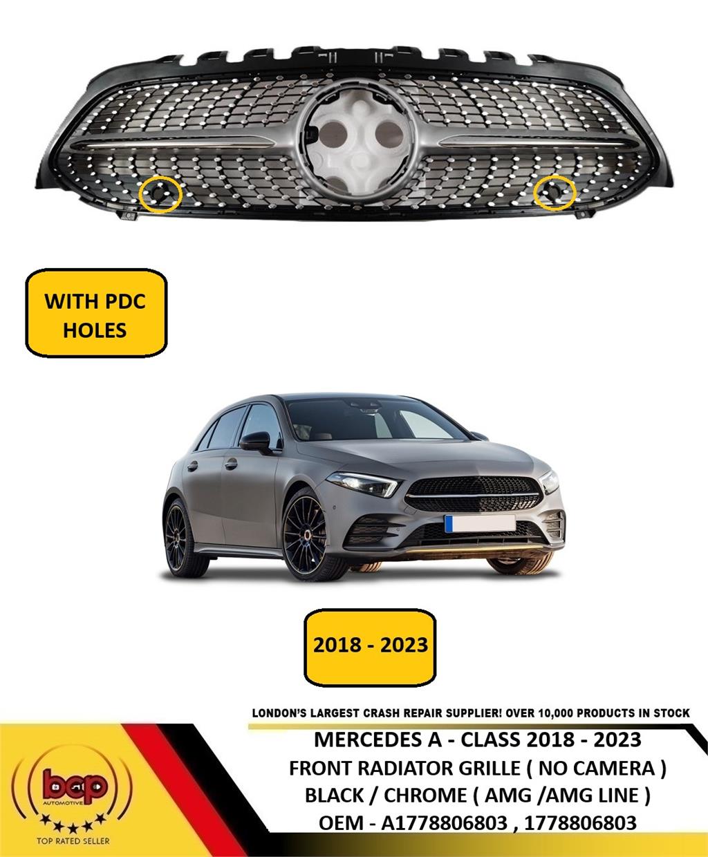 MERCEDES A CLASS 2018 - 2023 FRONT RADIATOR GRILLE BLACK CHROME AMG LINE AMG45
