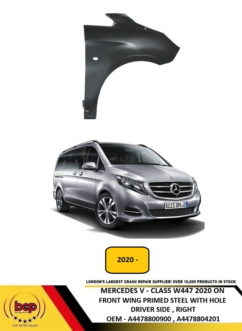 MERCEDES V-CLASS W447 2020 ON FRONT WING PRIMED FENDER WITH HOLE DRIVER RIGHT