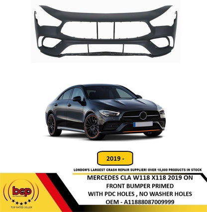 MERCEDES CLA 2019 ON W118 FRONT BUMPER PRIMED WITH PARKING SENSOR HOLES