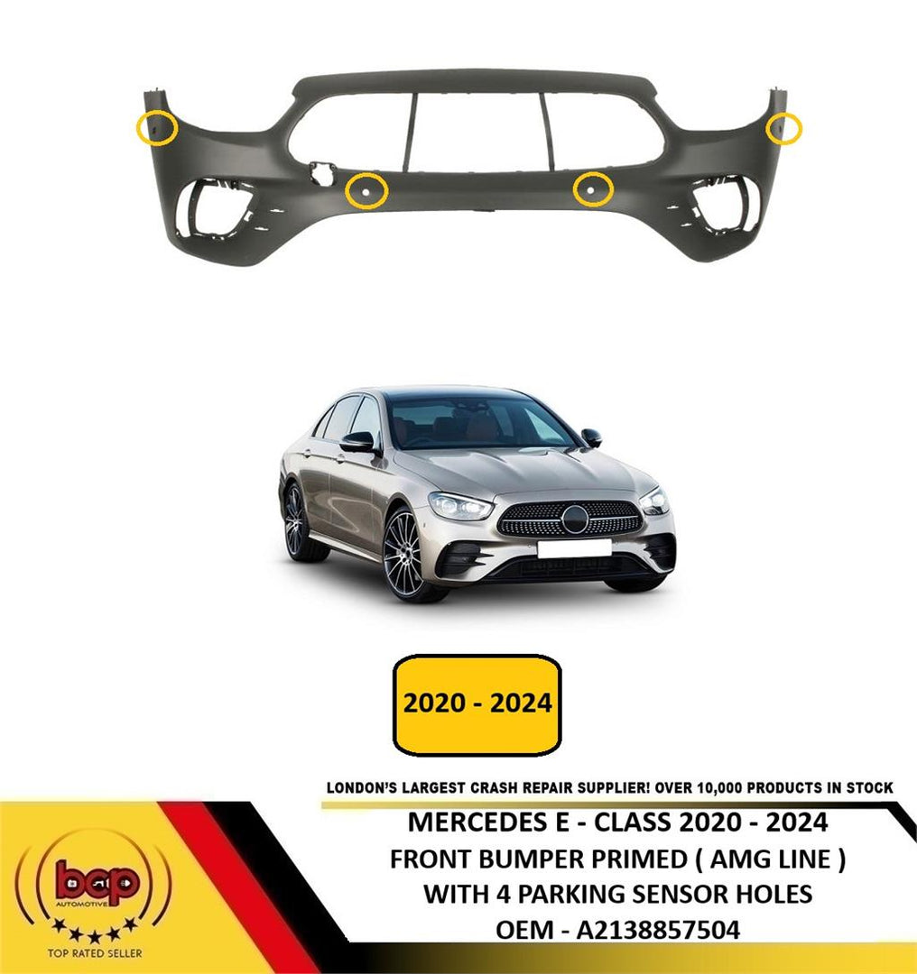 MERCEDES E-CLASS W213 2020 - 2024 FRONT BUMPER PRIMED WITH 4 PDC HOLES AMG LINE