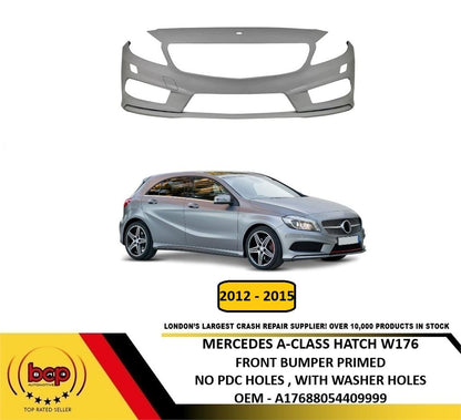 MERCEDES A CLASS 2012 – 2015 FRONT BUMPER PRIMED NO PARKING SENSOR WITH WASH HOLES