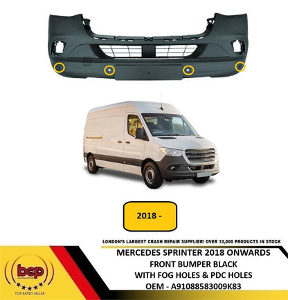 MERCEDES SPRINTER 2018 ON FRONT BUMPER BLACK WITH FOG & PARKING SENSOR HOLES