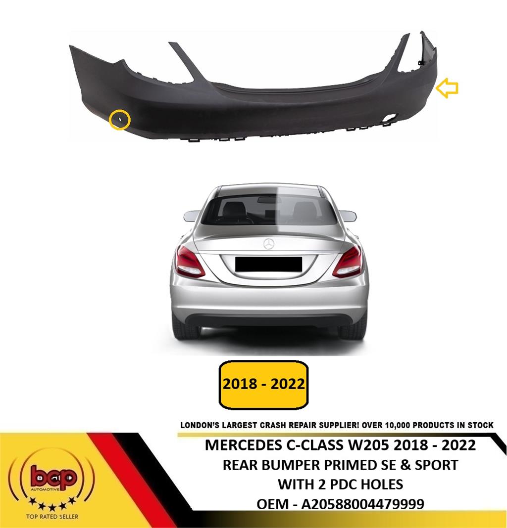 MERCEDES C-CLASS W205 2018 - 2022 REAR BUMPER PRIMED WITH 2 PDC HOLES SE & SPORT