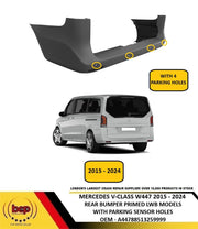 MERCEDES V CLASS 2015 - 2024 REAR BUMPER PRIMED FOR LWB MODELS WITH 4 PDC HOLES
