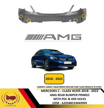 MERCEDES C CLASS AMG 2018 - 2022 REAR BUMPER PRIMED WITH PARKING SENSOR HOLES