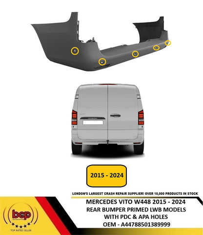 MERCEDES VITO 2015- 2024 REAR BUMPER PRIMED LONG WHEEL 6 PARKING SENSOR HOLES