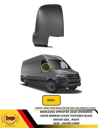 MERCEDES SPRRINTER VS30 2018 ONWARDS DOOR MIRROR COVER BLACK DRIVER SIDE RIGHT