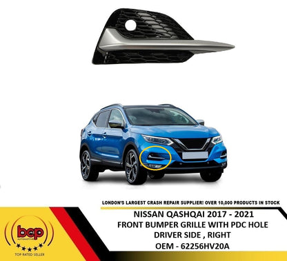 NISSAN QASHQAI 2017–2021 FRONT BUMPER FOG GRILLE WITH PDC HOLE DRIVER SIDE RIGHT