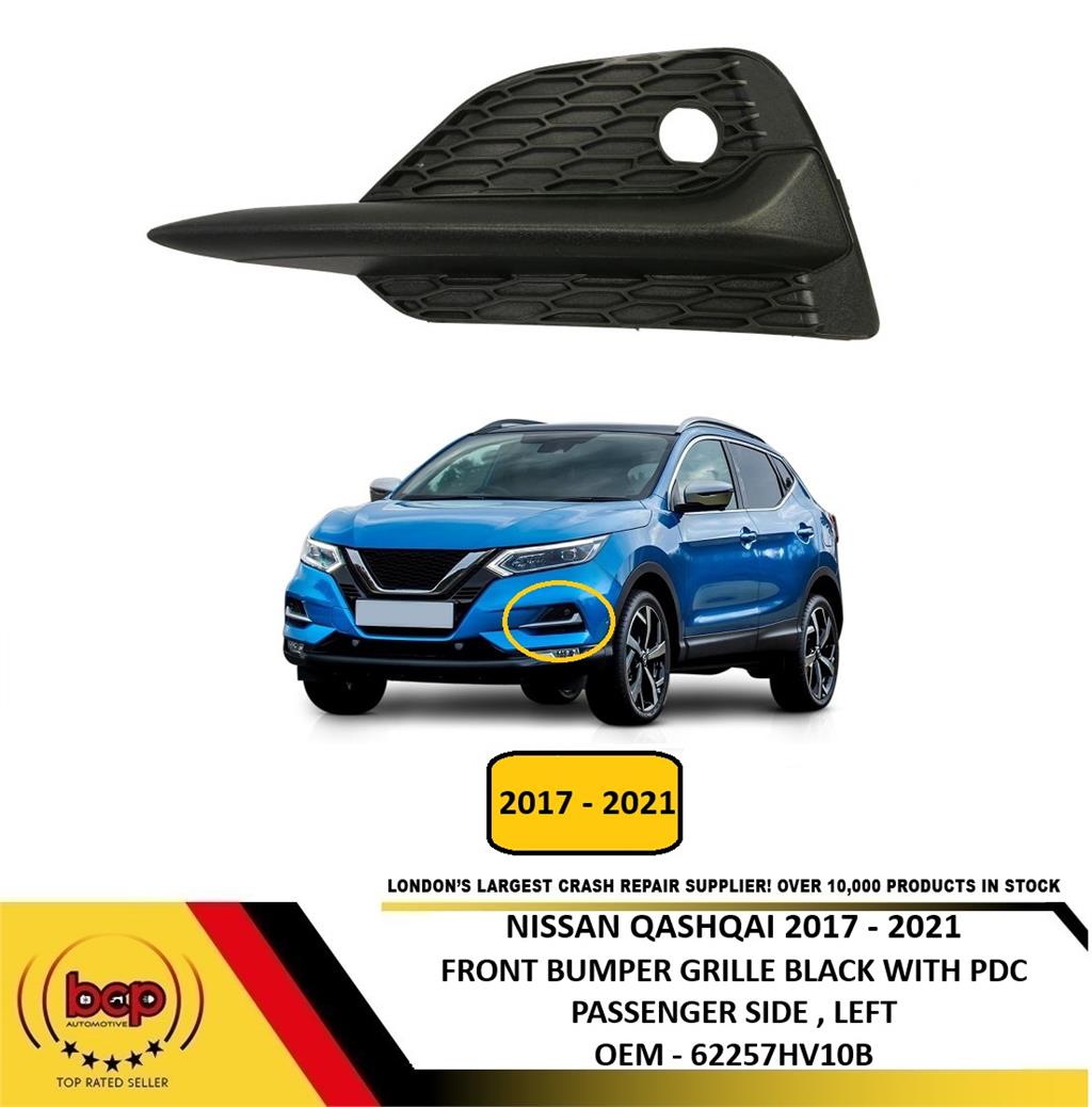 NISSAN QASHQAI 2017 –2021 FRONT BUMPER GRILLE BLACK WITH PDC HOLE PASSENGER LEFT
