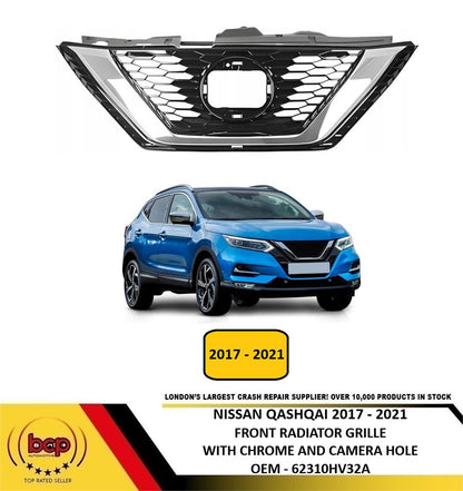 FOR NISSAN QASHQAI 2017 - 2021 FRONT GRILLE WITH CHROME with CARMERA hole