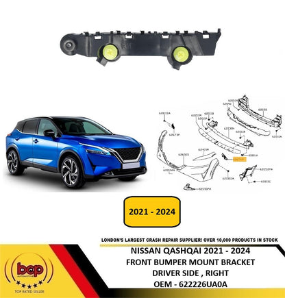 NISSAN QASHQAI 2021 - 2024 FRONT BUMPER MOUNT BRACKET DRIVER RIGHT 622226UA0A