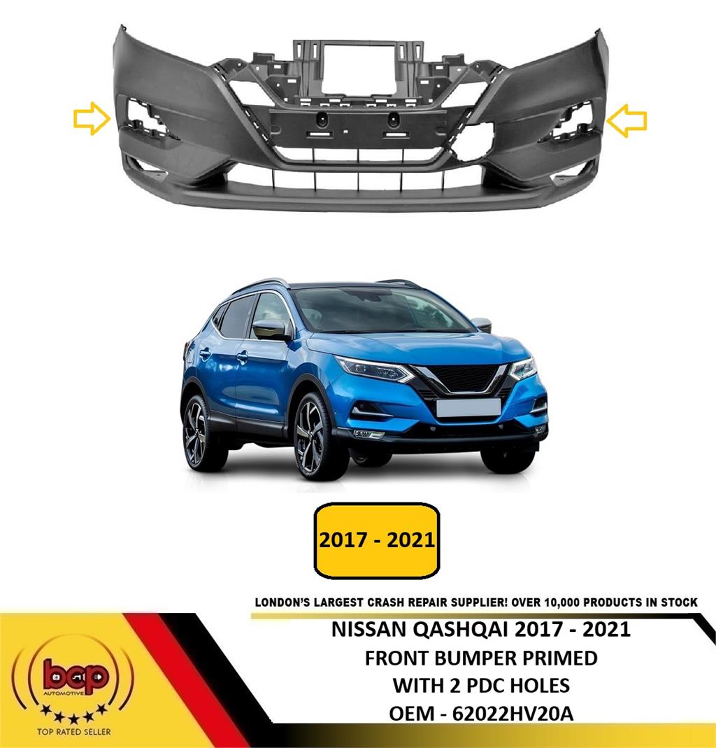 NISSAN QASHQAI 2017 - 2021 FRONT BUMPER PRIMED WITH 2 PDC NO WASHER HOLES NEW