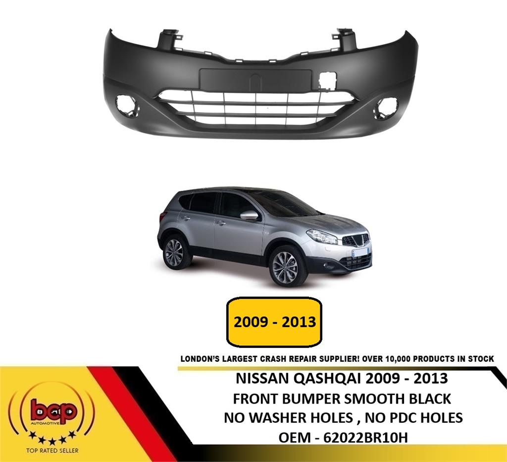 NISSAN QASHQAI 2010 – 2013 FRONT BUMPER SMOOTH BLACK NO WASHER JET HOLES NO PDC
