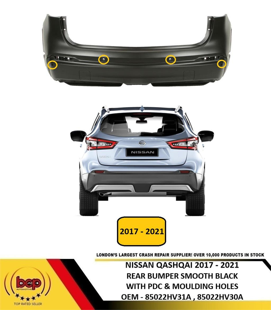 NISSAN QASHQAI 2017 - 2021 REAR BUMPER WITH PDC AND MOULDING HOLES TEKNA MODELS