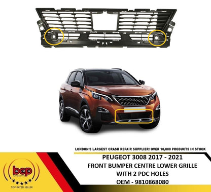 PEUGEOT 3008 2017 – 2021 FRONT BUMPER CENTRE GRILLE WITH 2 PARKING SENSOR HOLES