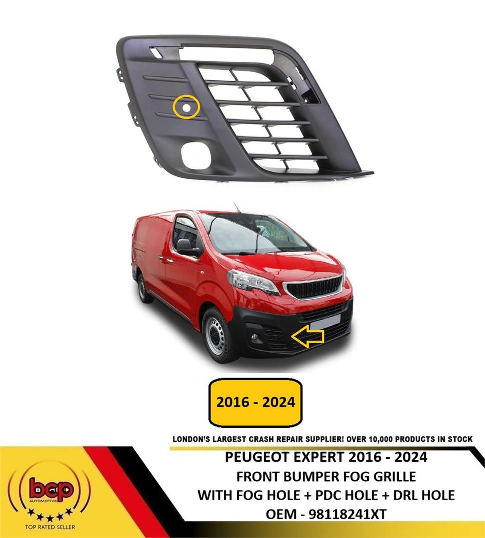 PEUGEOT EXPERT 2016 – 2024 FRONT BUMPER FOG GRILLE FOG DRL AND PDC HOLES RIGHT