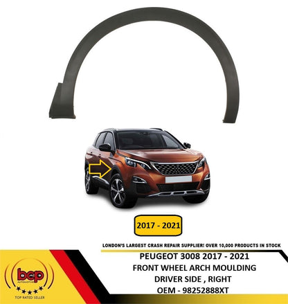 PEUGEOT 3008 2017 – 2021 FRONT WING WHEEL ARCH MOULDING BLACK DRIVER RIGHT