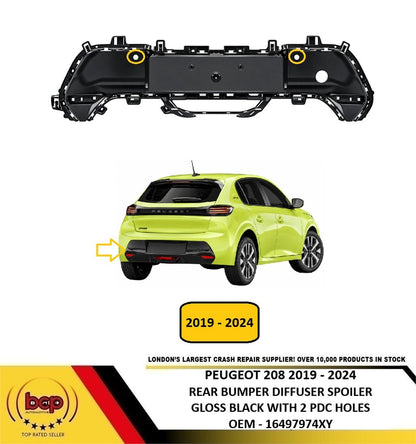 PEUGEOT 208 2019 - 2024 REAR BUMPER DIFFUSER GLOSS BLACK WITH 2 PDC 16497974XY