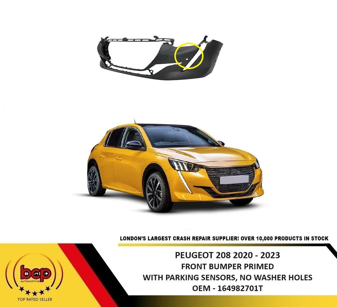 PEUGEOT 208 2020 – 2023 FRONT BUMPER PRIMED WITH 2 PARKING SENSORS OEM QUALITY