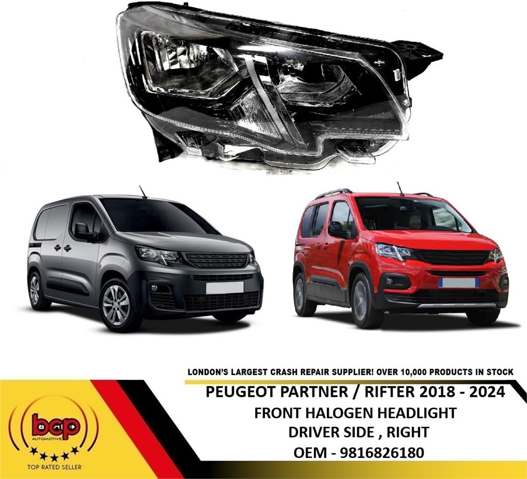 PEUGEOT PARTNER RIFTER 2018 – 2024 FRONT HALOGEN HEADLIGHT DRIVER SIDE RIGHT