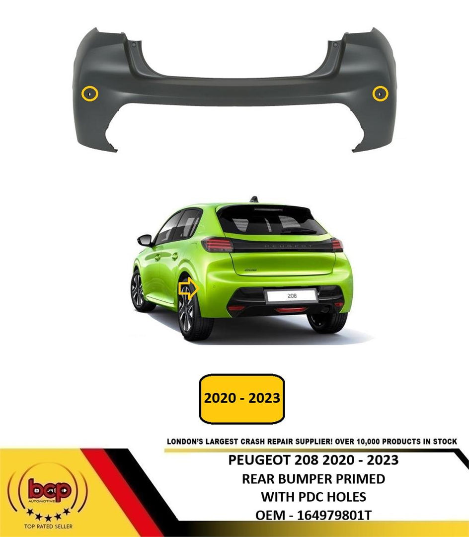 PEUGEOT 208 2020 - 2023 REAR BUMPER UPPER PRIMED WITH PARKING SENSOR HOLES NEW