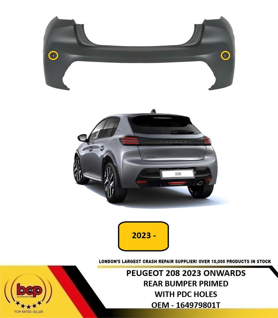 PEUGEOT 208 2023 ON REAR BUMPER UPPER PRIMED WITH PARKING SENSOR HOLES NEW