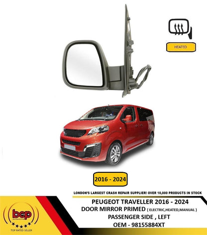 PEUGEOT TRAVELLER 2016- 2024 DOOR MIRROR PRIMED ELECTRIC HEATED MANUAL FOLD LEFT