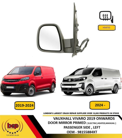 VAUXHALL VIVARO 2019 ON DOOR MIRROR PRIMED ELECTRIC HEATED MANUAL FOLD LEFT HAND