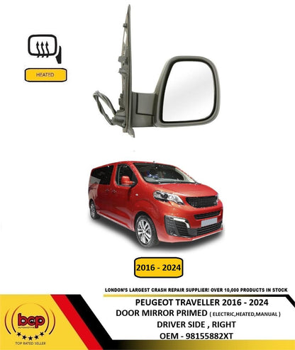 PEUGEOT TRAVELLER 2016-2024 DOOR MIRROR PRIMED ELECTRIC HEATED MANUAL FOLD RIGHT
