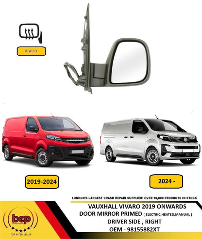 VAUXHALL VIVARO 2019 ON DOOR MIRROR PRIMED ELECTRIC HEATED MANUAL FOLD RIGHT
