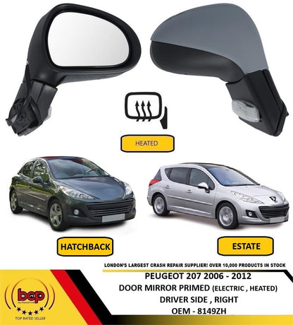 PEUGEOT 207 2006 - 2013 DOOR WING MIRROR ELECTRIC HEAT PRIMED DRIVER SIDE RIGHT