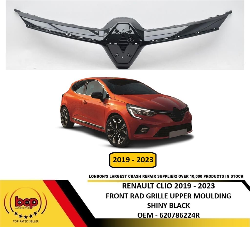 RENAULT CLIO 2019 – 2023 FRONT GRILLE MOULDING UPPER TRIM SHINY GLOSS BLACK