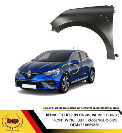 RENAULT CLIO 2019 -2023 FRONT WING FENDER LEFT PASSENGERS SIDE PRIMED 631012812R