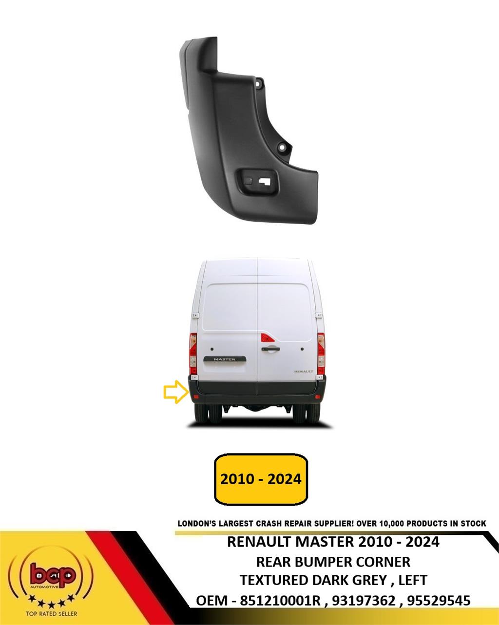 RENAULT MASTER 2010 - 2024 REAR BUMPER CONRER END CAP DARK GREY PASSENGER LEFT