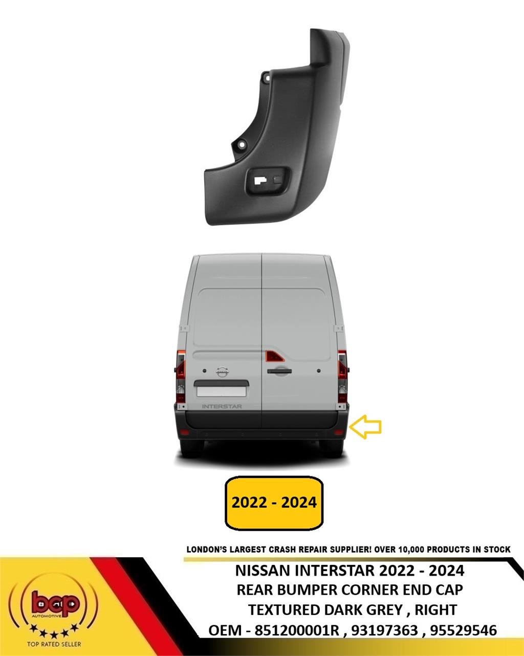 NISSAN INTERSTAR 2022 -2024 REAR BUMPER CORNER END CAP DARK GREY DRIVER RIGHT