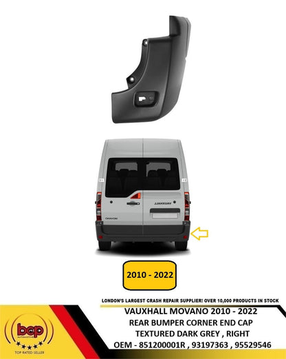 VAUXHALL MOVANO 2010 - 2022 REAR BUMPER CONRER END CAP DARK GREY DRIVER RIGHT