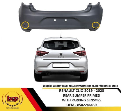 RENAULT CLIO 2019 - 2023 REAR BUMPER PRIMED WITH 2 PARKING SENSOR HOLES