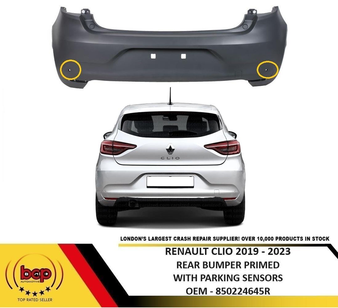 RENAULT CLIO 2019 - 2023 REAR BUMPER PRIMED WITH 2 PARKING SENSOR HOLES