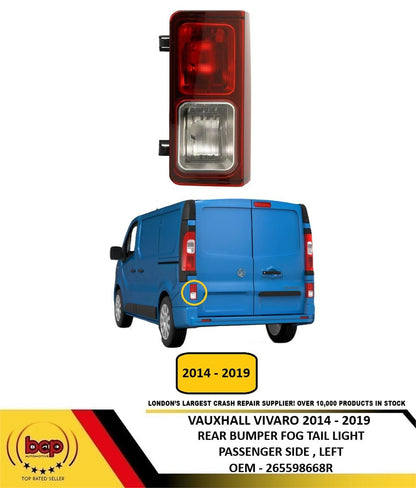 VAUXHALL VIVARO 2014 – 2019 REAR FOG LIGHT TAIL LAMP PASSENGER LEFT IN BUMPER