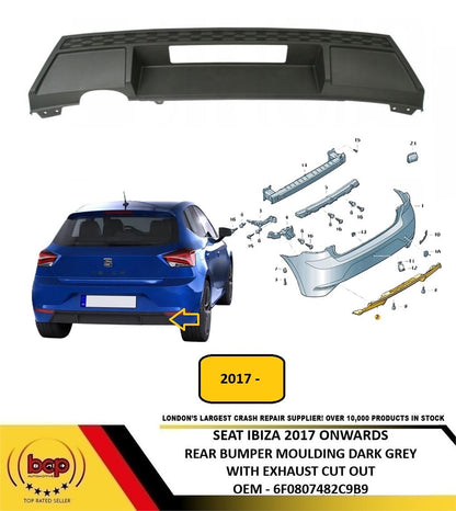 SEAT IBIZA 2017 ON REAR BUMPER MOULDING SPOILER DARK GREY WITH EXHAUST CUT OUT