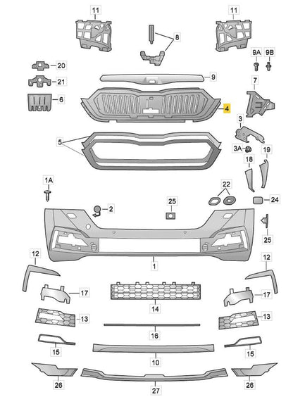 SKODA OCTAVIA 2020 – 2024 FRONT UPPER RADIATOR WITH CHROME SURROUND 5E3853653ZD4