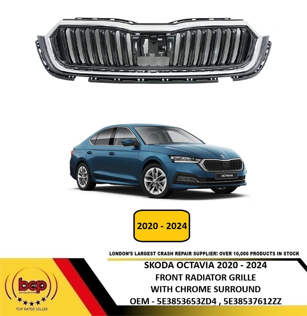 SKODA OCTAVIA 2020 – 2024 FRONT UPPER RADIATOR WITH CHROME SURROUND 5E3853653ZD4